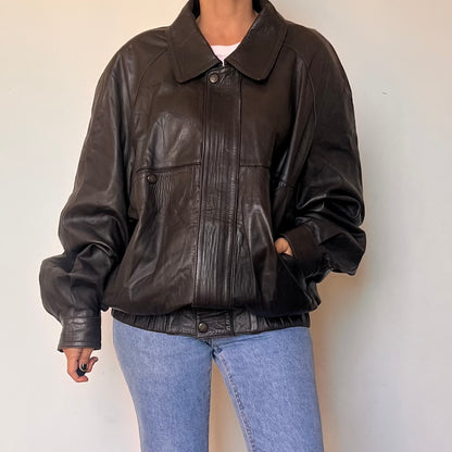 Vintage Brown Leather Bomber Jacket