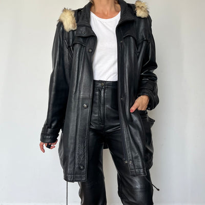 Vintage Woman black Leather parka Jacket with hood