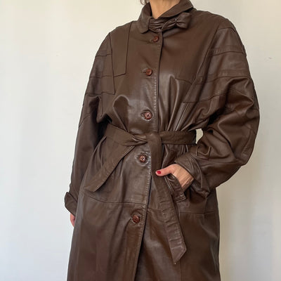 Vintage brown leather Long Trench Coat with belt