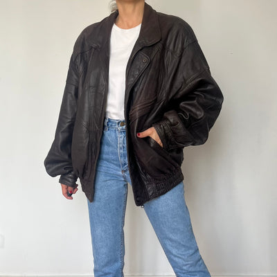 Vintage Brown Leather Bomber Jacket