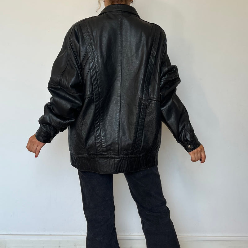 Vintage Black Leather Bomber Jacket