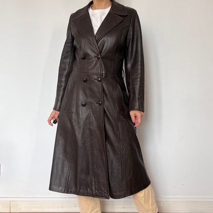Vintage brown leather long trench coat