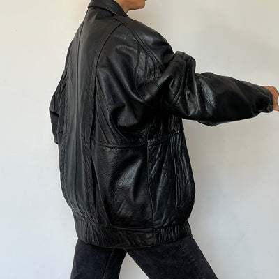 Vintage Black Leather Bomber Jacket