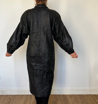 Vintage Black Leather long Overcoat