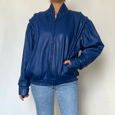 Vintage Blue Leather Bomber Jacket