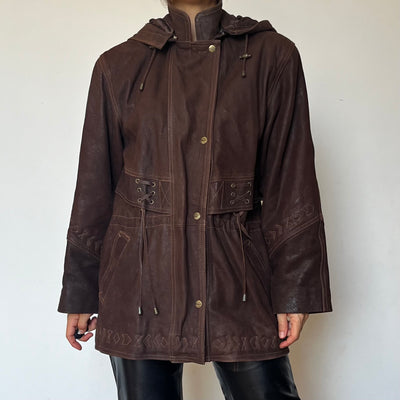 Brown leather hooded jacket