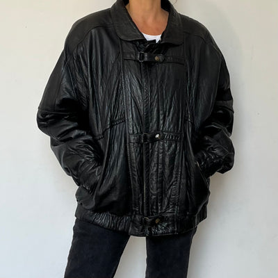 Vintage Black Leather Bomber Jacket