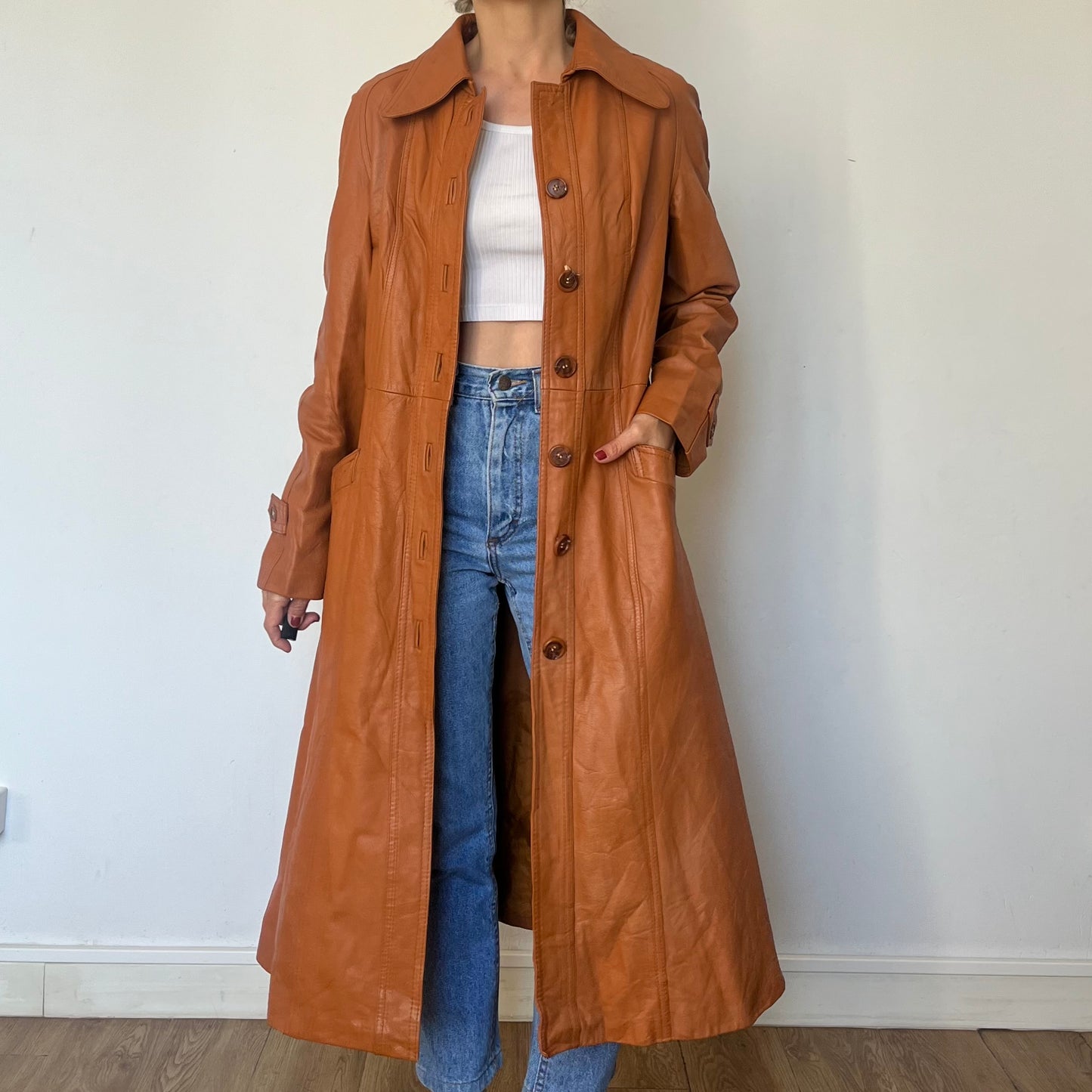 Vintage Brown leather Long Trench Coat