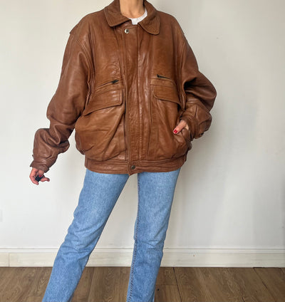 Vintage Brown Leather Bomber Jacket