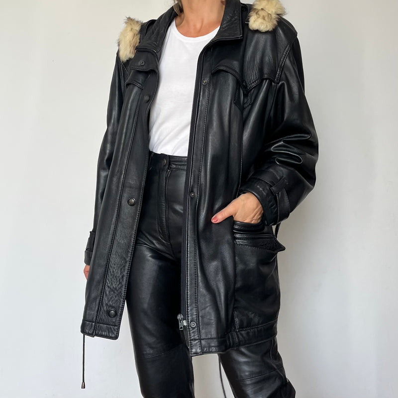 Vintage Woman black Leather parka Jacket with hood