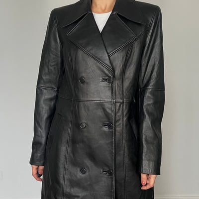 Vintage Black Leather Trench Coat