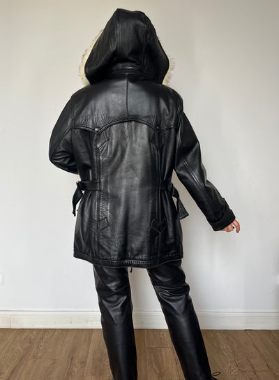 Vintage Woman black Leather parka Jacket with hood