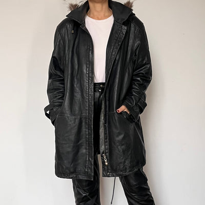 Black leather hooded jacket