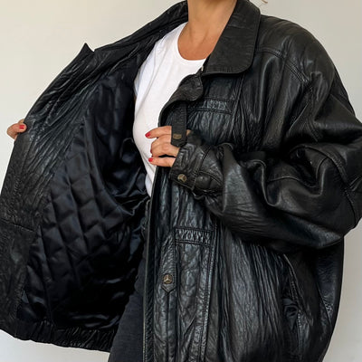 Vintage Black Leather Bomber Jacket