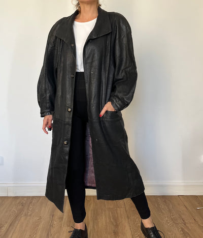 Vintage Black Leather long Overcoat