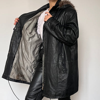 Black leather hooded jacket