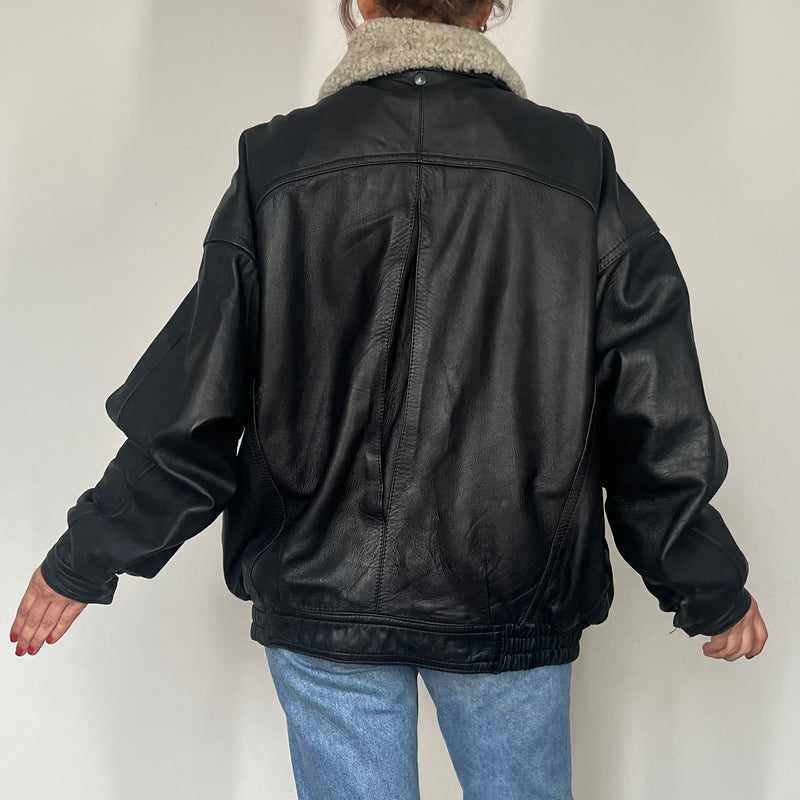 Vintage Bomber sherpa black leather jacket