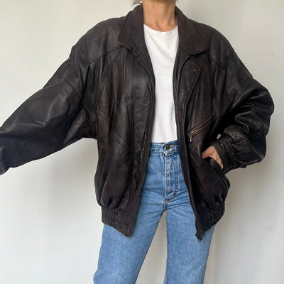 Vintage Brown Leather Bomber Jacket