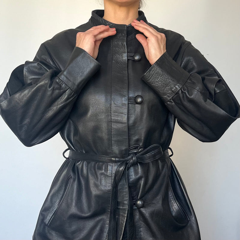 Vintage Black Leather trench coat with belt