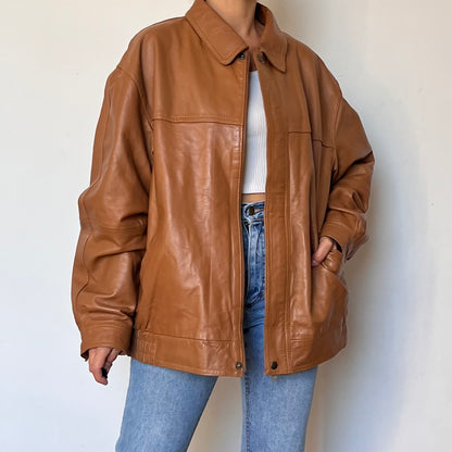 Vintage Brown Leather Bomber Jacket