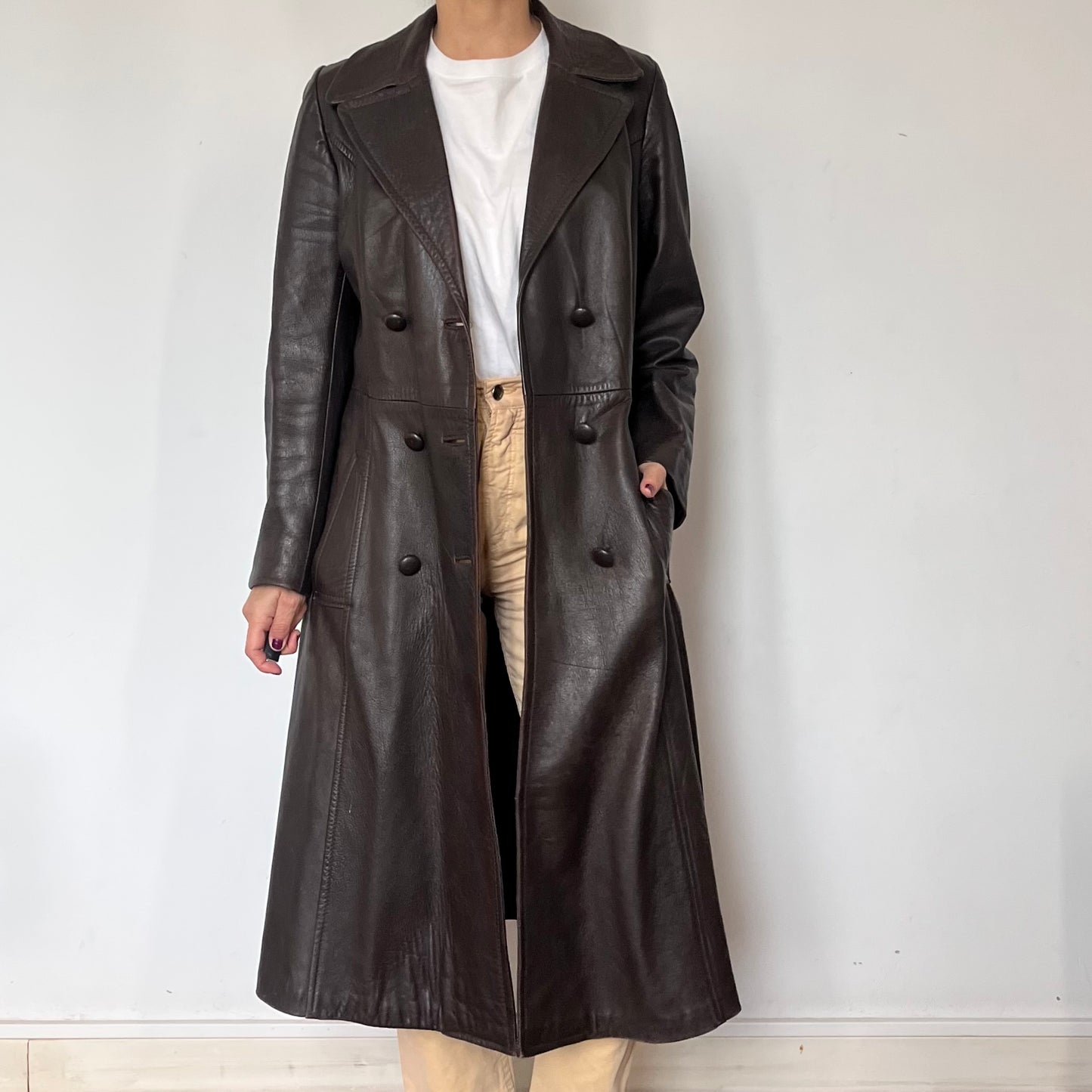 Vintage brown leather long trench coat