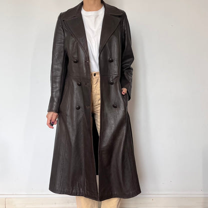 Vintage brown leather long trench coat