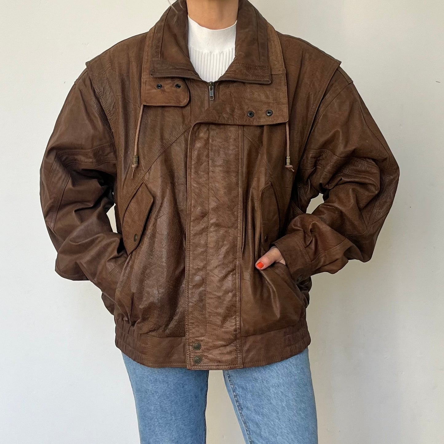 Vintage Brown Leather Bomber Jacket