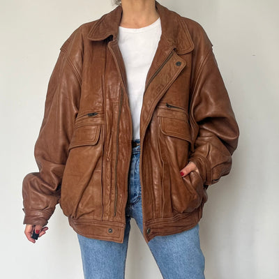 Vintage Brown Leather Bomber Jacket