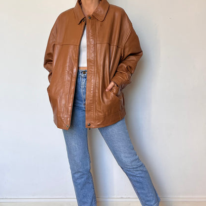 Vintage Brown Leather Bomber Jacket