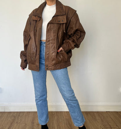 Vintage Brown Leather Bomber Jacket