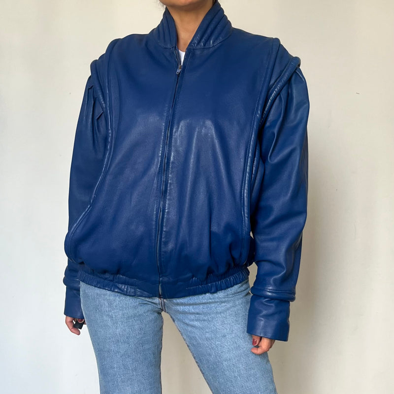 Vintage Blue Leather Bomber Jacket