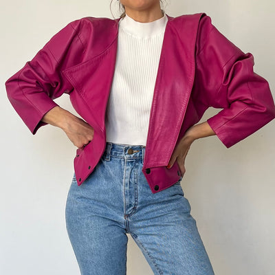 Vintage Fucsia crop Leather Bomber Jacket