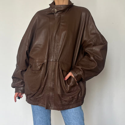 Vintage Brown Leather Bomber Jacket