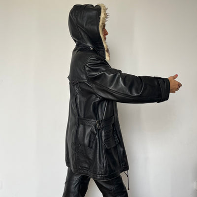 Vintage Woman black Leather parka Jacket with hood