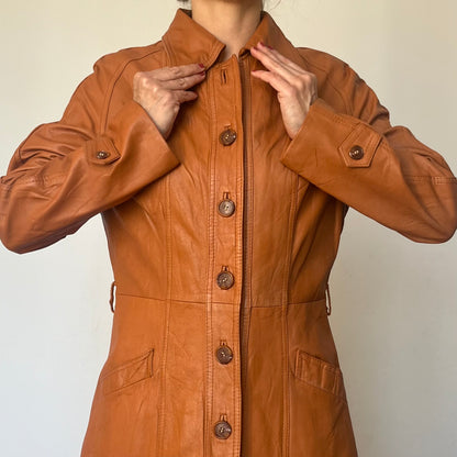 Vintage Brown leather Long Trench Coat