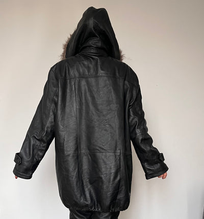 Black leather hooded jacket