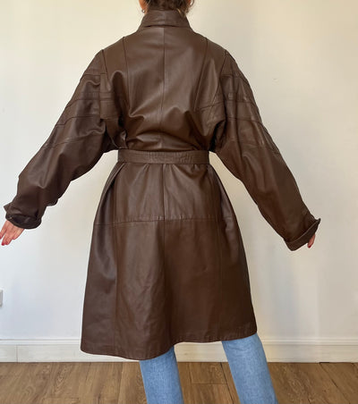 Vintage brown leather Long Trench Coat with belt