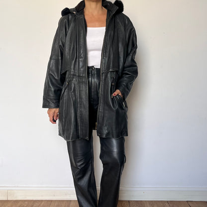 Vintage black leather hooded jacket