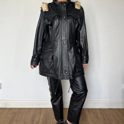 Vintage Woman black Leather parka Jacket with hood