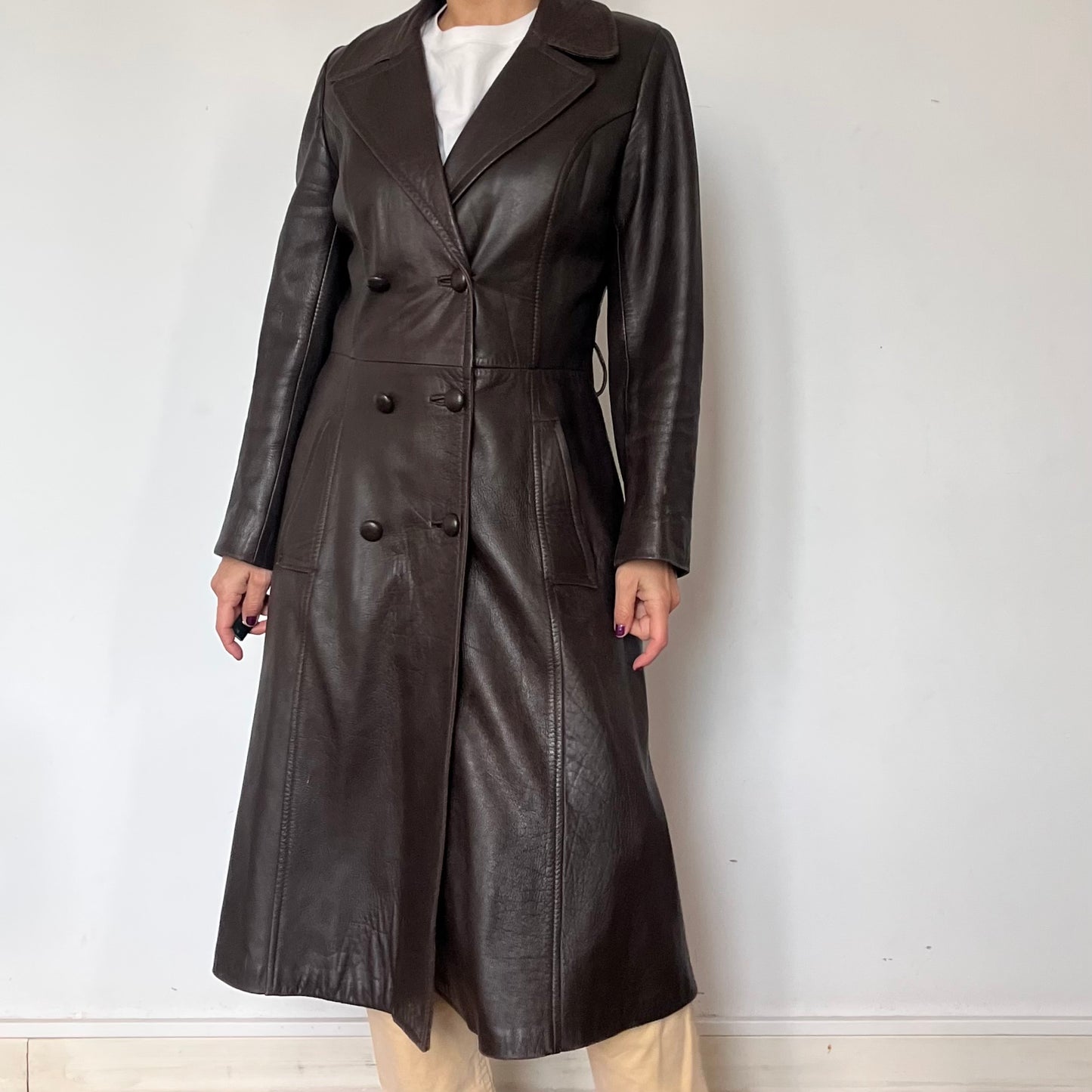 Vintage brown leather long trench coat