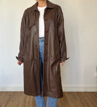 Vintage brown leather Long Trench Coat with belt