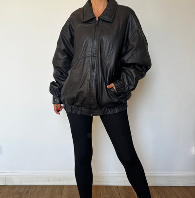 Vintage Black Leather Bomber Jacket