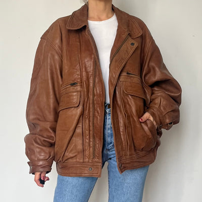 Vintage Brown Leather Bomber Jacket