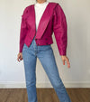 Vintage Fucsia crop Leather Bomber Jacket