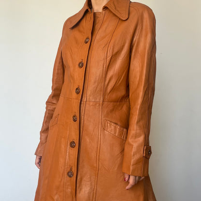 Vintage Brown leather Long Trench Coat