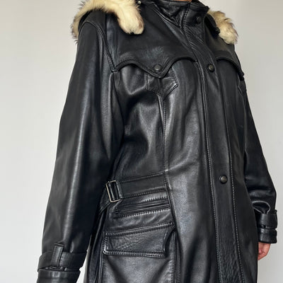 Vintage Woman black Leather parka Jacket with hood