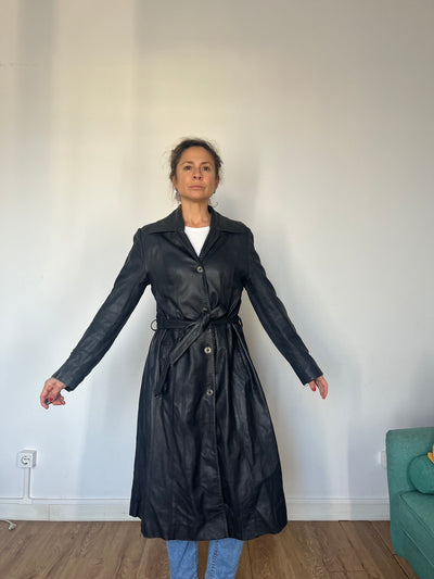 Vintage dark blue leather Long Trench Coat