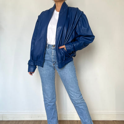 Vintage Blue Leather Bomber Jacket