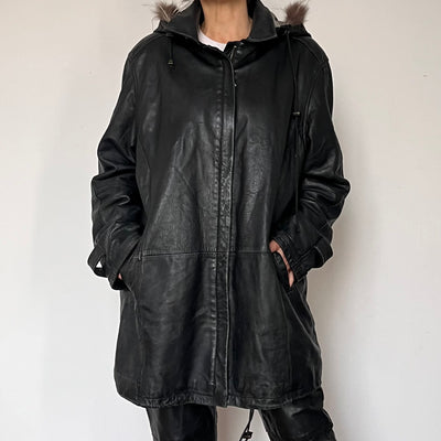 Black leather hooded jacket