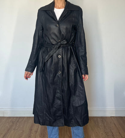 Vintage dark blue leather Long Trench Coat